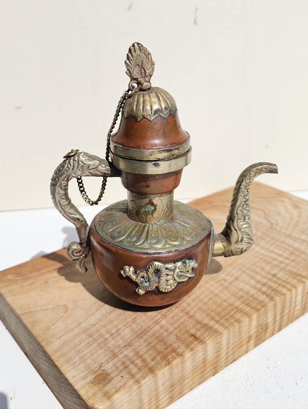Vintage Tibetan Copper Silver Ewer Teapot Dragon Handle Elephant Pitcher